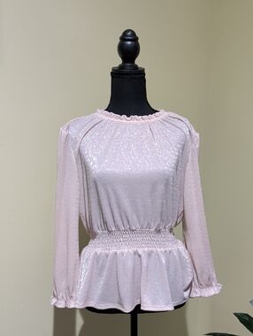 Faith and Joy Shimmery Pink Long-Sleeve Peplum Blouse